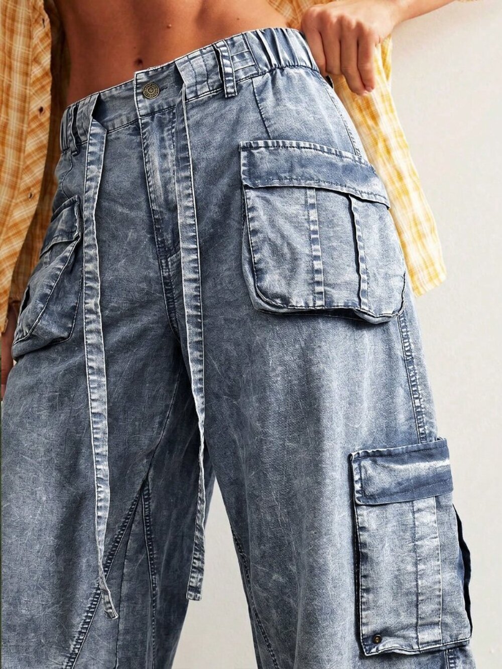 Blue Casual Women's Y2K Woven Relaxed Cuffed Low Waist Long Pants - Picture 4 of 10